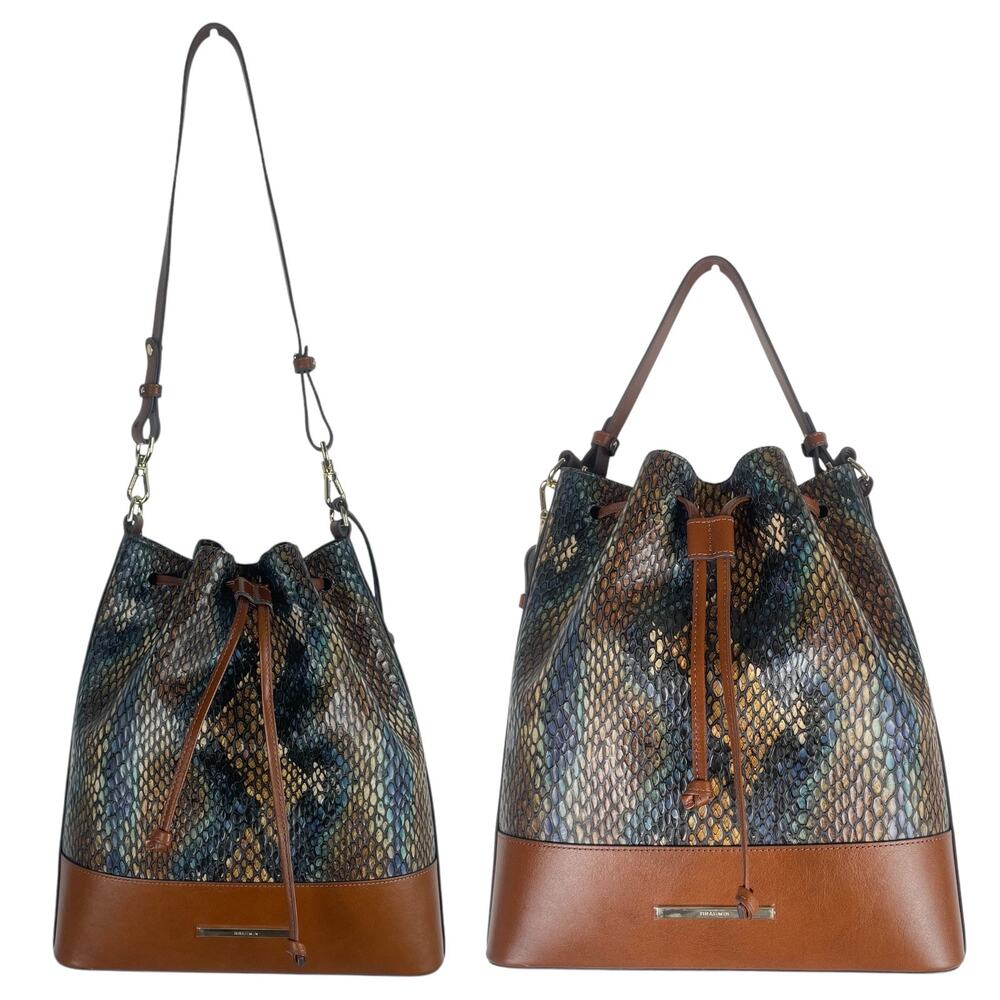 Brahmin Marlowe Embossed Leather Bucket Bag Bottle Blue Fletcher - Picture 13 of 13